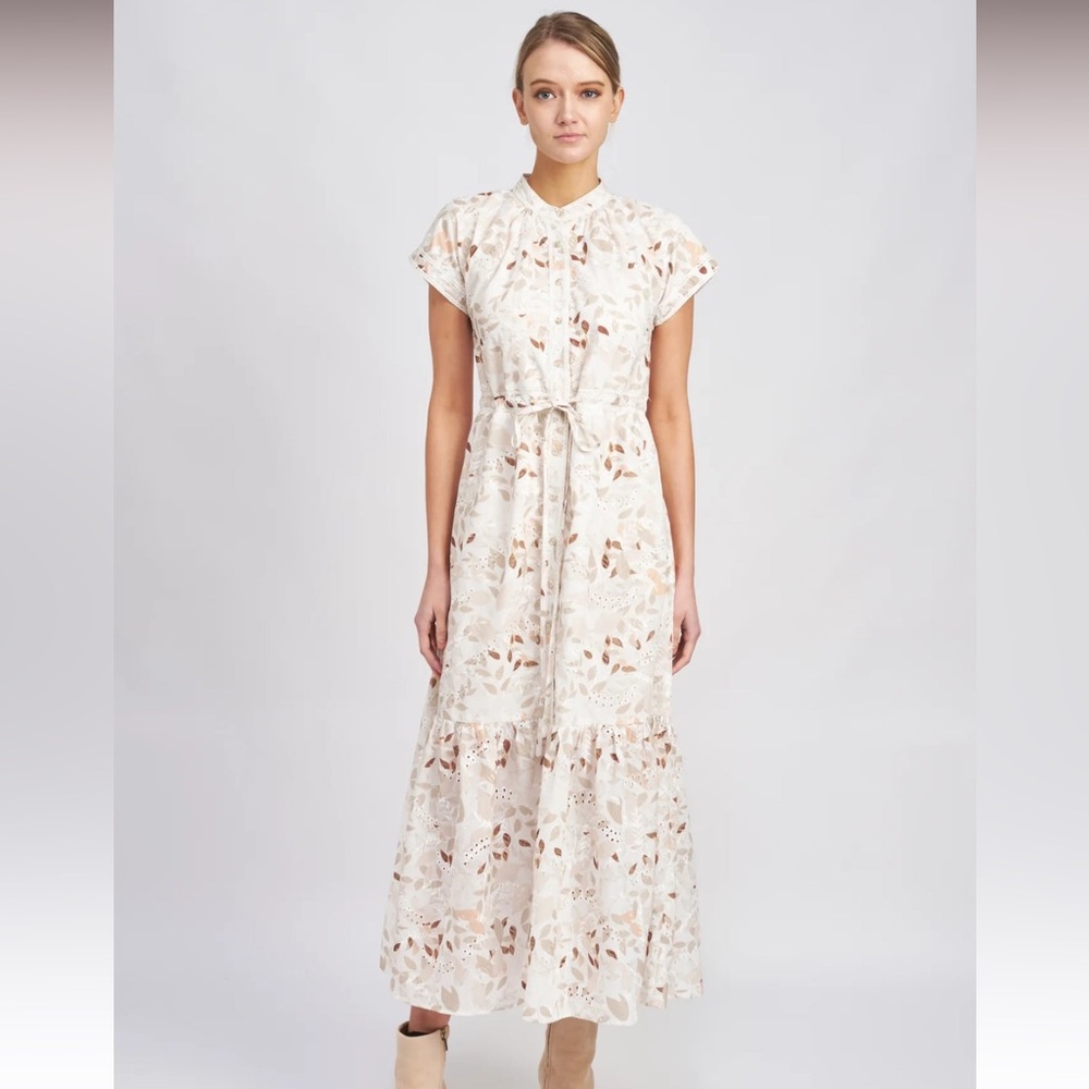 En Saison Cream Eyelet Maxi Dress with Tan Leaf Accents